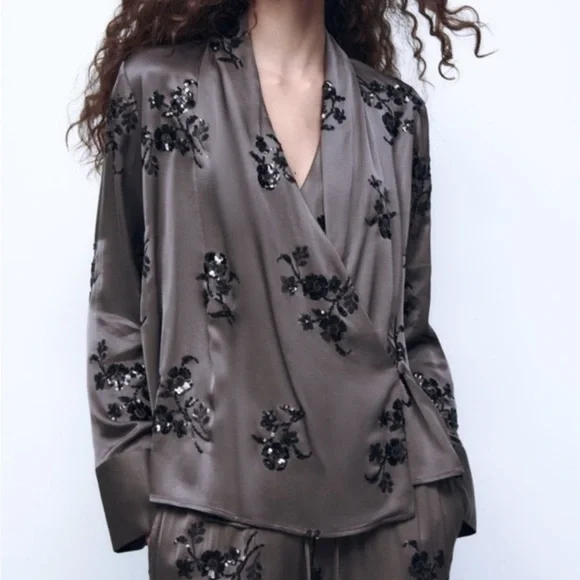 Zara Black Floral Embellished Blouse - Picture 1 of 7